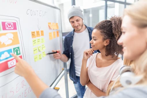 coworkers collaborating at the white board about content