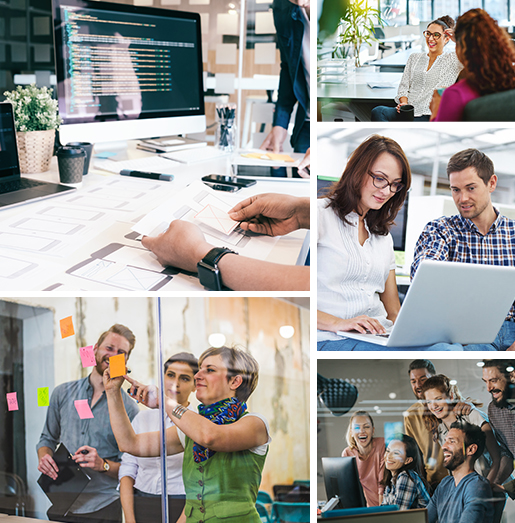 collage of coworkers collaborating for results