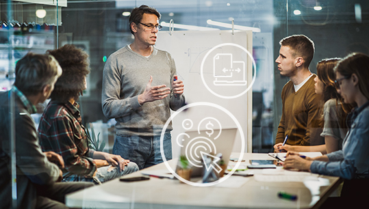 coworkers collaborating at a meeting and marketing agency icons