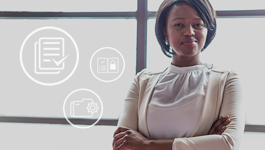 confident woman standing with arms crossed and marketing compliance icons